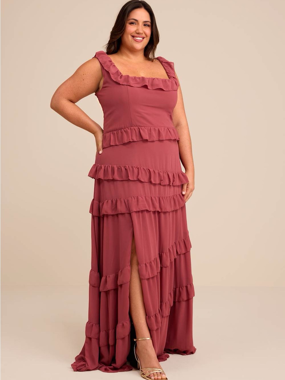 Lulus Compelling Romantic Rusty Rose Ruffled Tiered Maxi Dress Size 1X Formal
